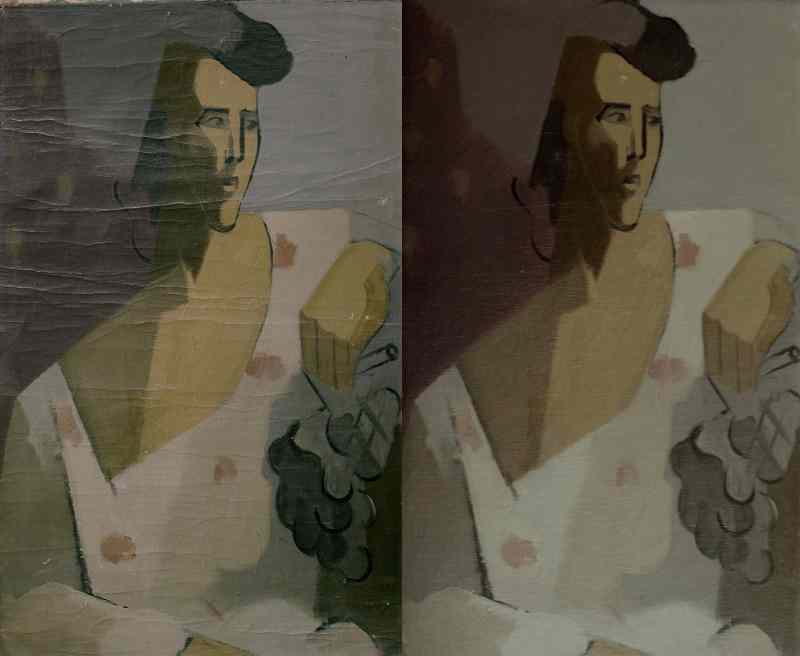 Oljemålning på duk, tidigt 1900-tal. Konserveringsarbete, planing och färgsäkring av bildytan på grund av fuktskador och krakeleringar. Före och efter