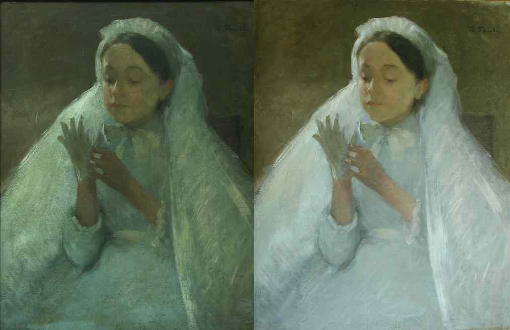 Oljemålning på duk, sent 1800-tal. Rengöringsarbete, borttagning av luftföroreningar och sot från öppen spis. Före och efter