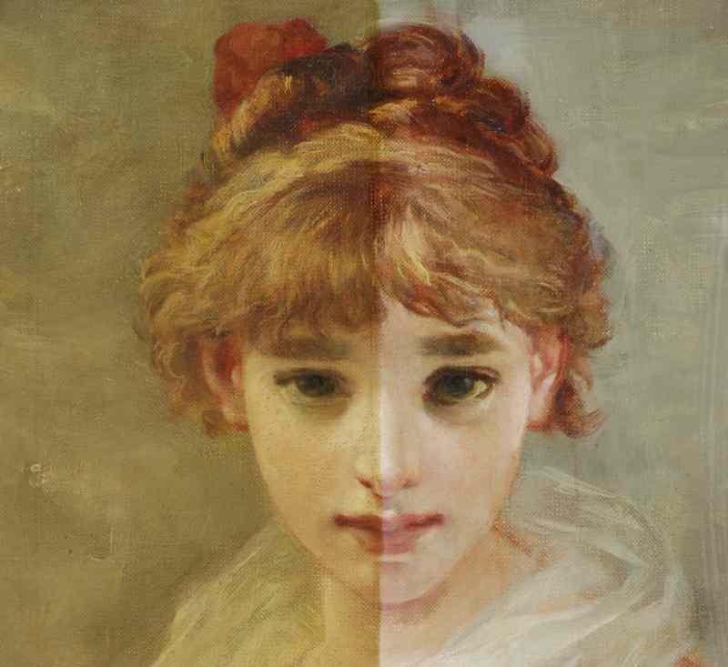 Oljemålning på duk, sent 1800-tal. Bildytan under rengöring, borttagning av nikotinbeläggning och oxiderad fernissa.
